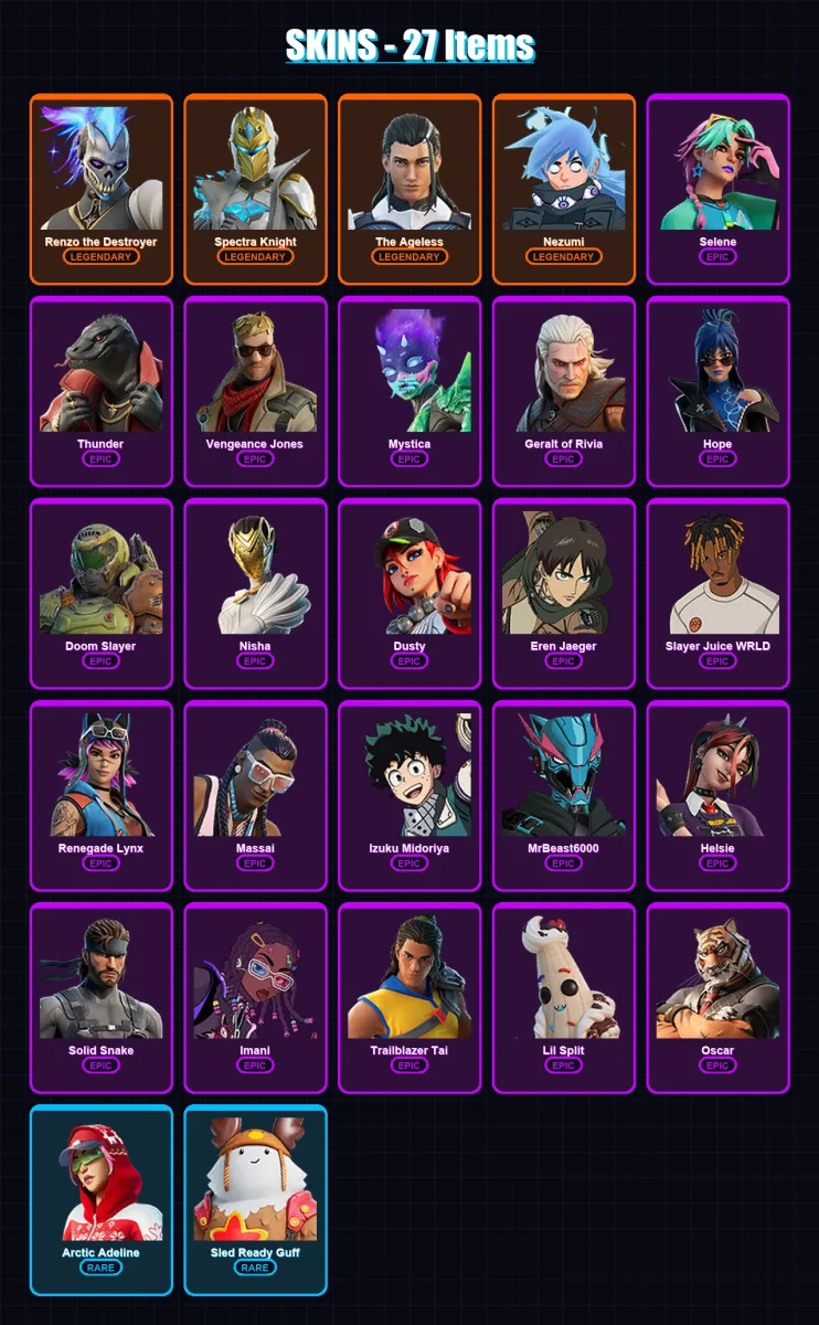 [PC/XBOX/PSN] | Renzo the Destroyer | Spectra Knight | The Ageless | Nezumi | Selene | 27 skin | 43 pickaxe | 36 emote | 40 glider | Lv533 — Fortnite account