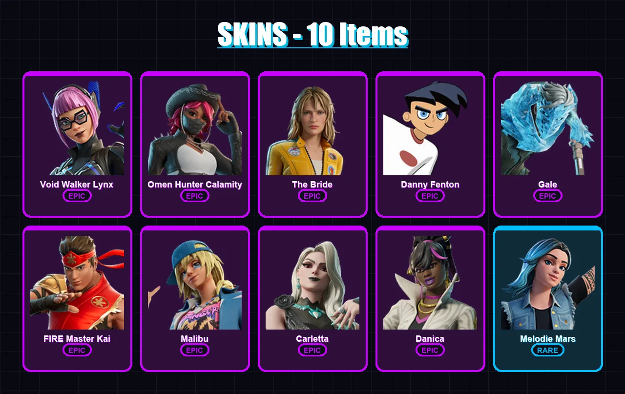 [PC/XBOX/PSN] | Void Walker Lynx | Omen Hunter Calamity | The Bride | Danny Fenton | Gale | 10 skin | 6 pickaxe | 6 emote | 5 glider | Lv16
