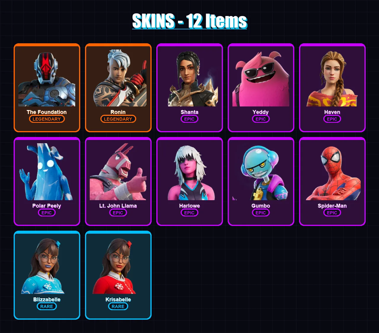 [PC/XBOX/PSN] | The Foundation | Ronin | Shanta | Yeddy | Haven | 12 skin | 20 pickaxe | 22 emote | 21 glider | Lv314