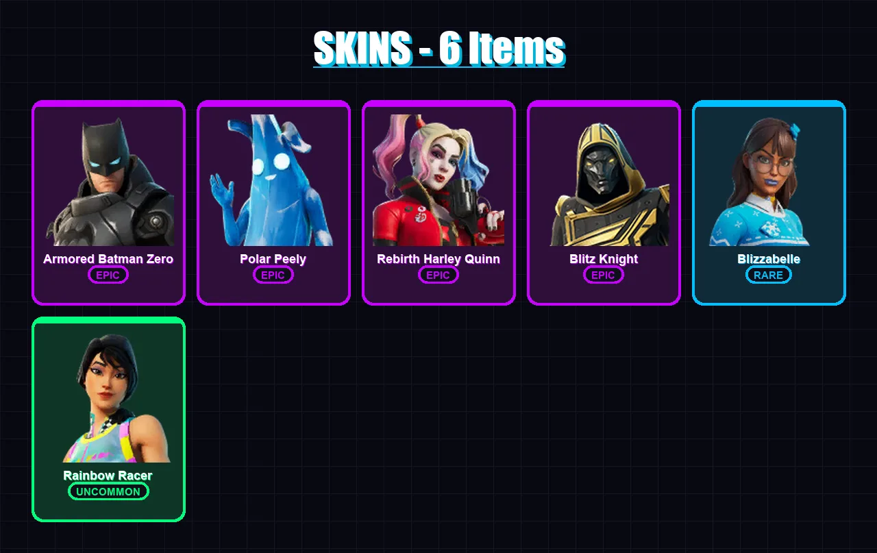 [PC/XBOX] | Armored Batman Zero | Polar Peely | Rebirth Harley Quinn | Blitz Knight | Blizzabelle | 6 skin | 22 pickaxe | 13 emote | 23 glider | Lv3
