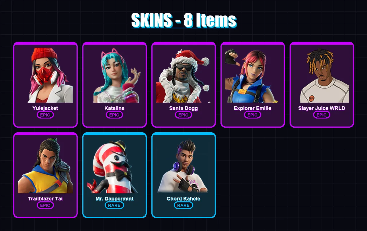 [PC/PSN] | Yulejacket | Katalina | Santa Dogg | Explorer Emilie | Slayer Juice WRLD | 8 skin | 16 pickaxe | 8 emote | 4 glider | Lv119