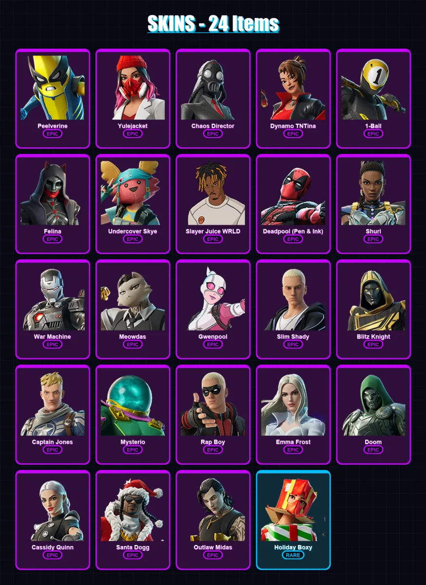 [PC/XBOX/PSN] | Peelverine | Yulejacket | Chaos Director | Dynamo TNTina | 1-Ball | 24 skin | 57 pickaxe | 34 emote | 37 glider | Lv455