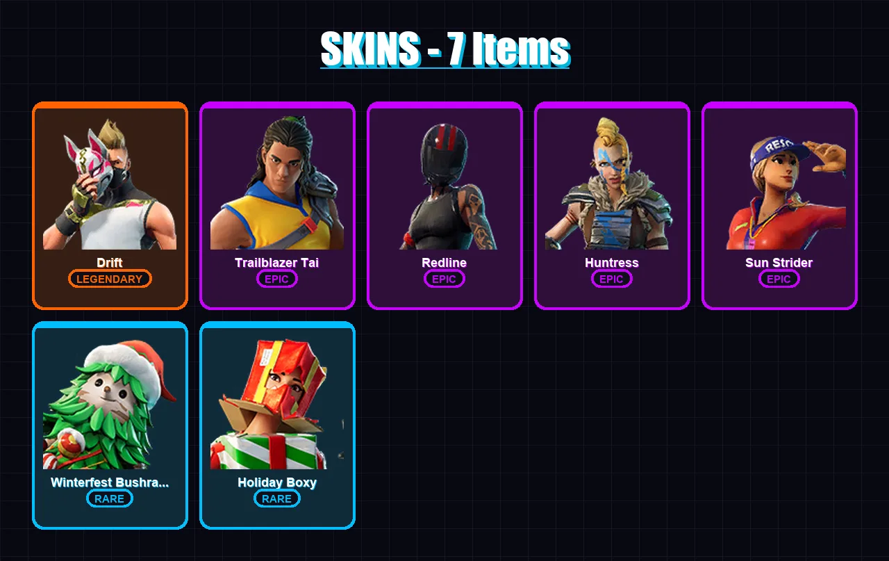 [PC/PSN] | Drift | Trailblazer Tai | Redline | Huntress | Sun Strider | 7 skin | 7 pickaxe | 11 emote | 15 glider | Lv186