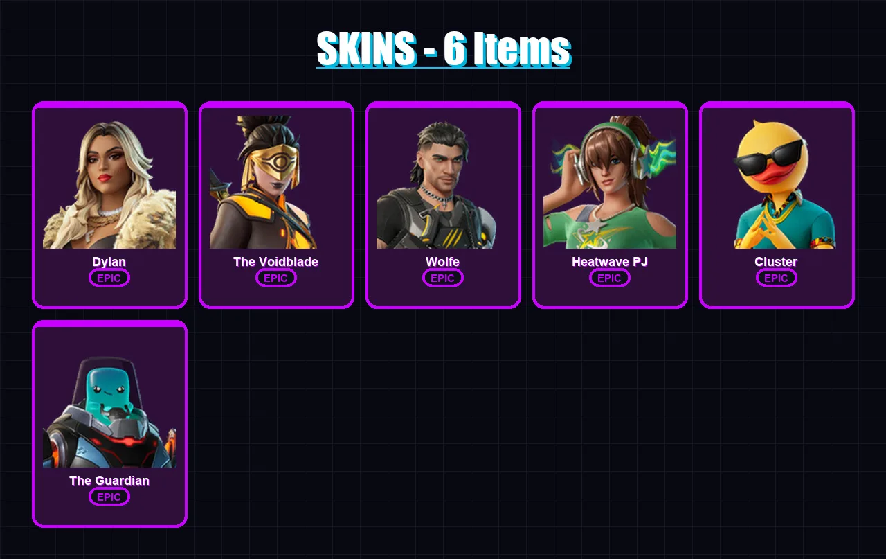 [PC/XBOX/PSN] | Dylan | The Voidblade | Wolfe | Heatwave PJ | Cluster | 6 skin | 20 pickaxe | 15 emote | 19 glider | Lv202