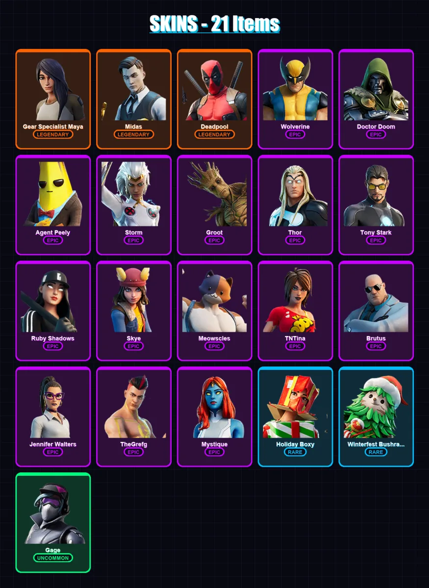 [PC/XBOX/PSN] | Gear Specialist Maya | Midas | Deadpool | Wolverine | Doctor Doom | 21 skin | 54 pickaxe | 29 emote | 38 glider | Lv739