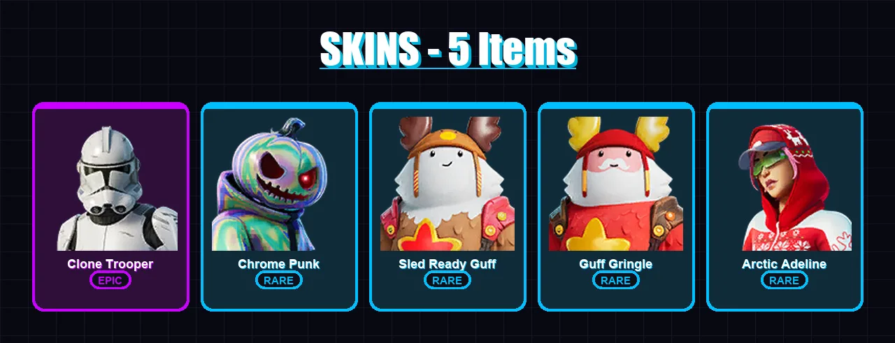 [PC/PSN] | Clone Trooper | Chrome Punk | Sled Ready Guff | Guff Gringle | Arctic Adeline | 5 skin | 12 pickaxe | 12 emote | 16 glider | Lv572