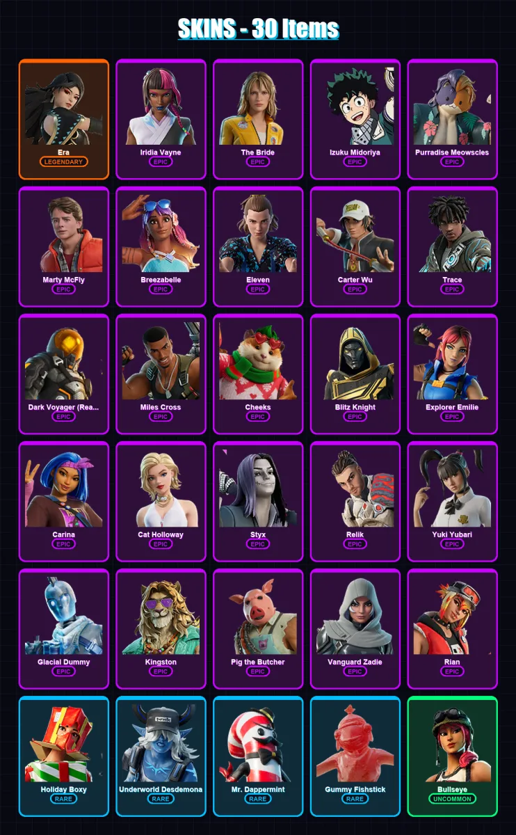 [PC/PSN] | Era | Iridia Vayne | The Bride | Izuku Midoriya | Purradise Meowscles | 30 skin | 88 pickaxe | 45 emote | 59 glider | Lv1081