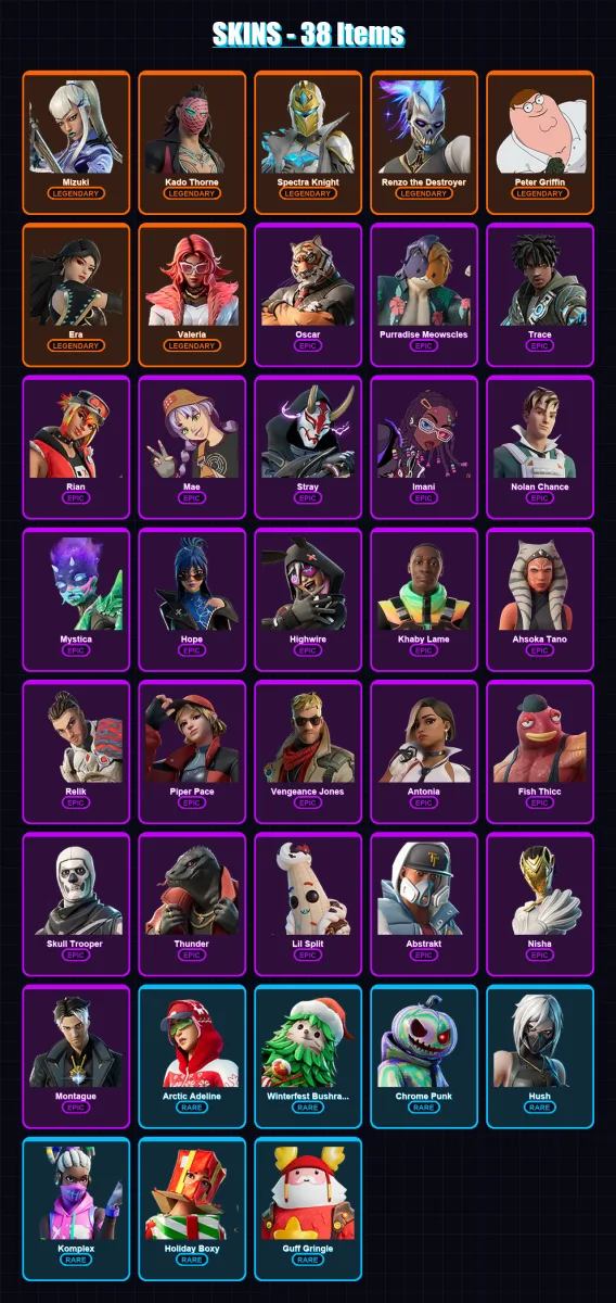 [PC/XBOX/PSN] | Mizuki | Kado Thorne | Spectra Knight | Renzo the Destroyer | Peter Griffin | 38 skin | 51 pickaxe | 39 emote | 56 glider | Lv788 — Fortnite account
