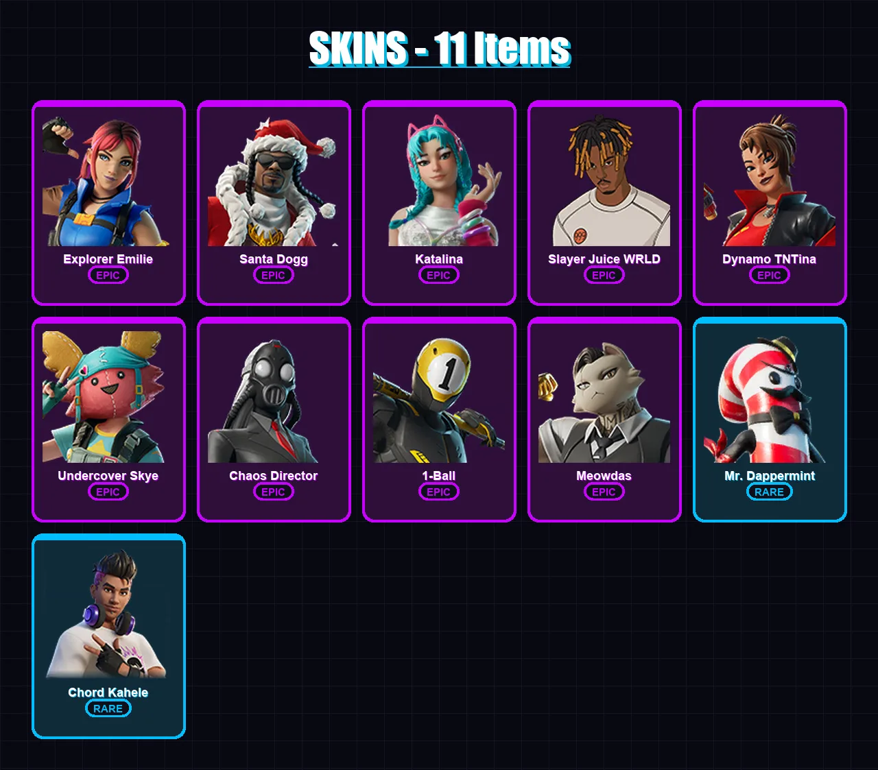[PC/PSN] | Explorer Emilie | Santa Dogg | Katalina | Slayer Juice WRLD | Dynamo TNTina | 11 skin | 20 pickaxe | 7 emote | 7 glider | Lv82