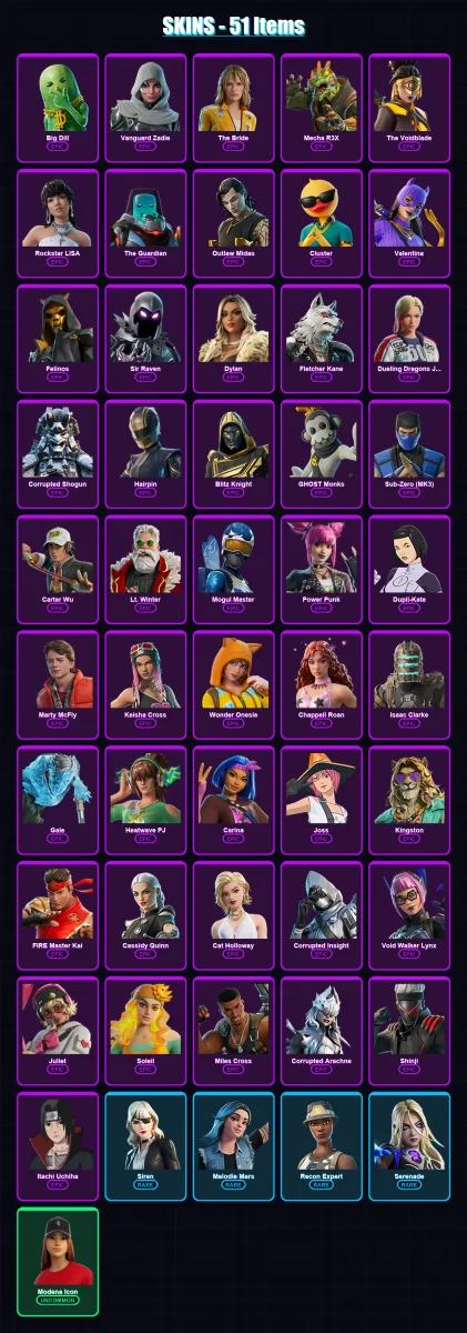 [PC/XBOX/PSN] | Big Dill | Vanguard Zadie | The Bride | Mecha R3X | The Voidblade | 51 skin | 74 pickaxe | 46 emote | 43 glider | Lv779