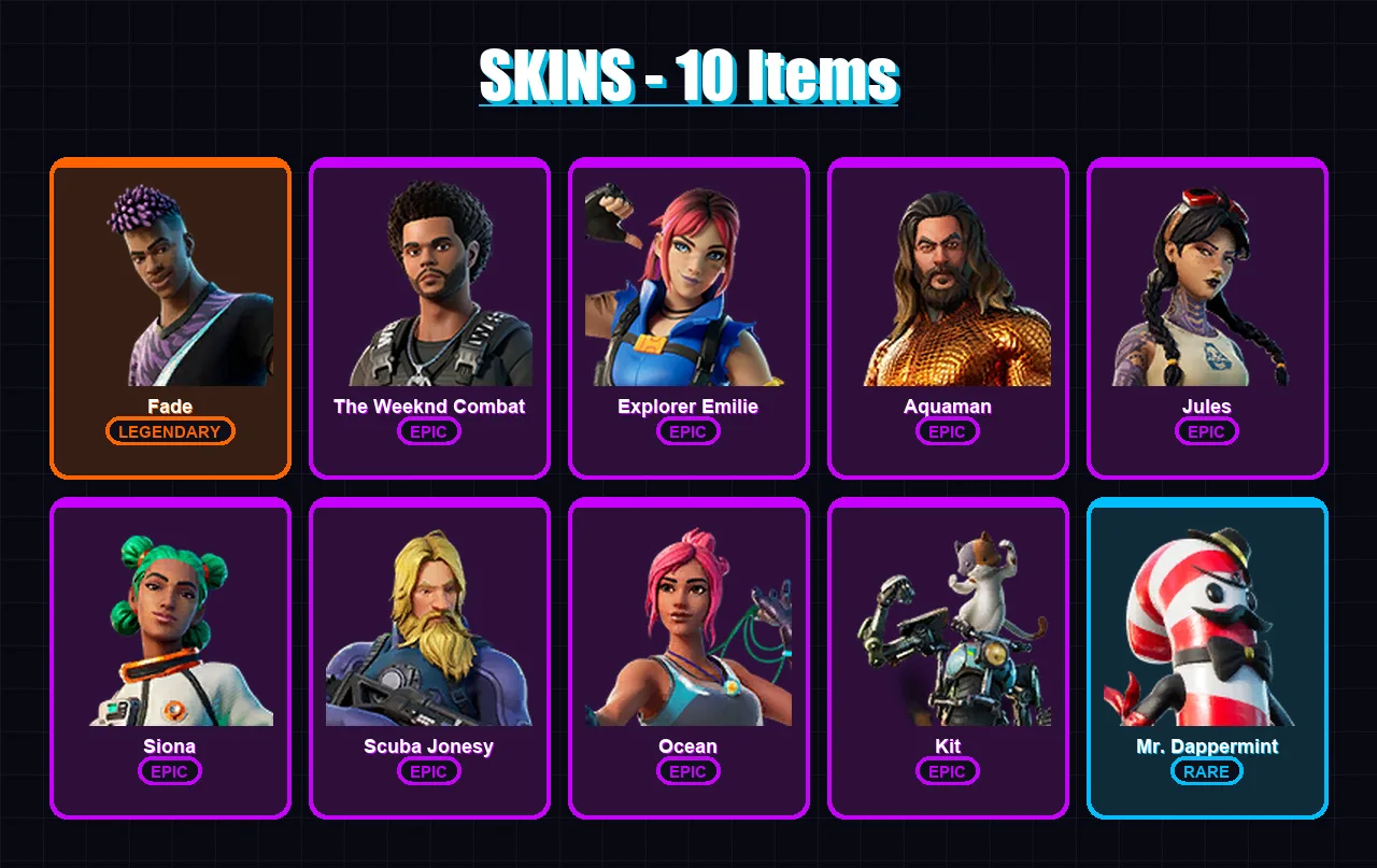 [PS4/PS5/XBOX/PC] | Fade | The Weeknd Combat | Explorer Emilie | Aquaman | Jules | 10 skin | 11 pickaxe | 11 emote | 14 glider | Lv182