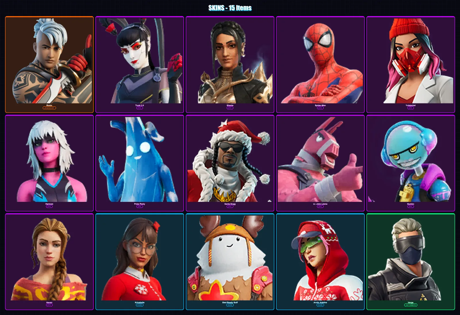 [PS4/PS5/XBOX/PC] | Ronin | Tsuki 2.0 | Shanta | Spider-Man | Yulejacket | 15 skin | 42 pickaxe | 31 emote | 37 glider | Lv980