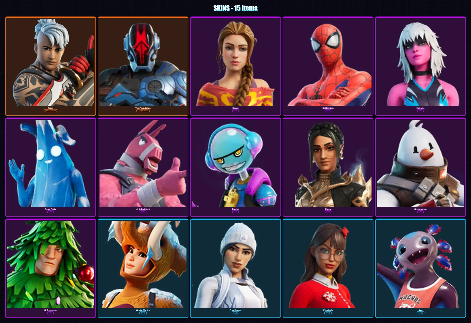 [PC/XBOX/PSN] | Ronin | The Foundation | Haven | Spider-Man | Harlowe | 15 skin | 28 pickaxe | 27 emote | 32 glider | Lv655