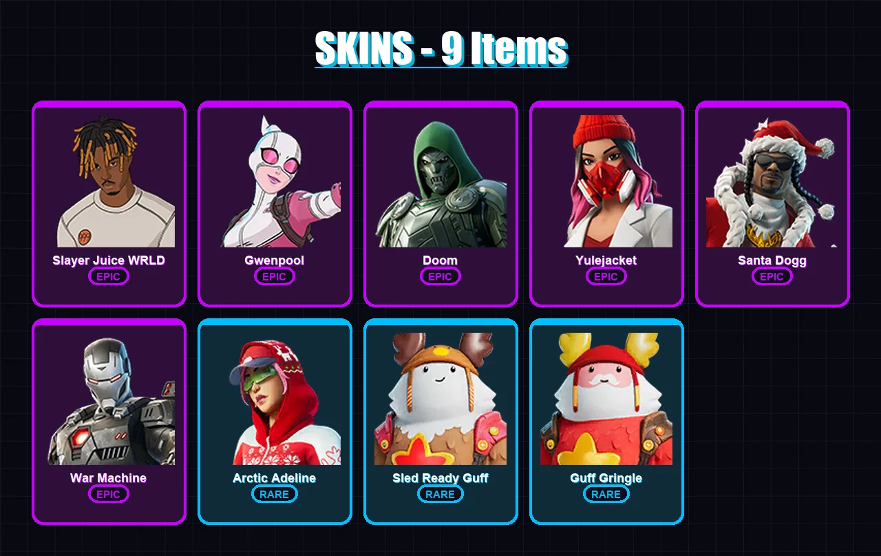 [PS4/PS5/XBOX/PC] | Slayer Juice WRLD | Gwenpool | Doom | Yulejacket | Santa Dogg | 9 skin | 32 pickaxe | 14 emote | 29 glider | Lv495