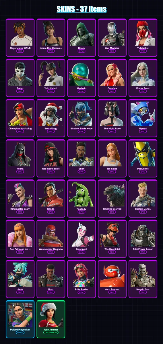 [PS4/PS5/PC] | Slayer Juice WRLD | Iconic Kim Kardashian | Doom | War Machine | Yulejacket | 37 skin | 101 pickaxe | 51 emote | 69 glider | Lv1720