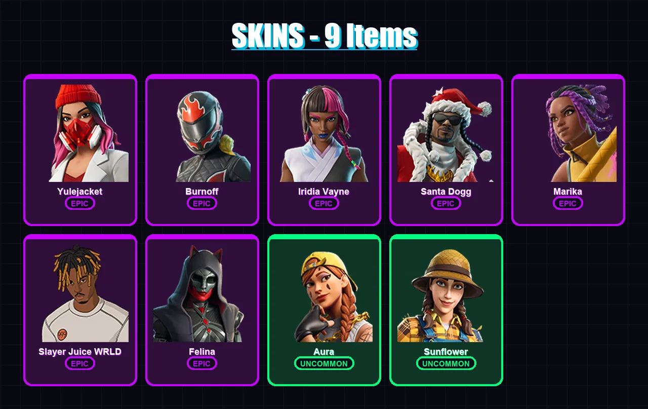 [PC/XBOX] | Yulejacket | Burnoff | Iridia Vayne | Santa Dogg | Marika | 9 skin | 50 pickaxe | 24 emote | 32 glider | Lv1463