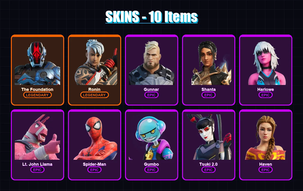 [PC/XBOX] | The Foundation | Ronin | Gunnar | Shanta | Harlowe | 10 skin | 15 pickaxe | 11 emote | 18 glider | Lv178