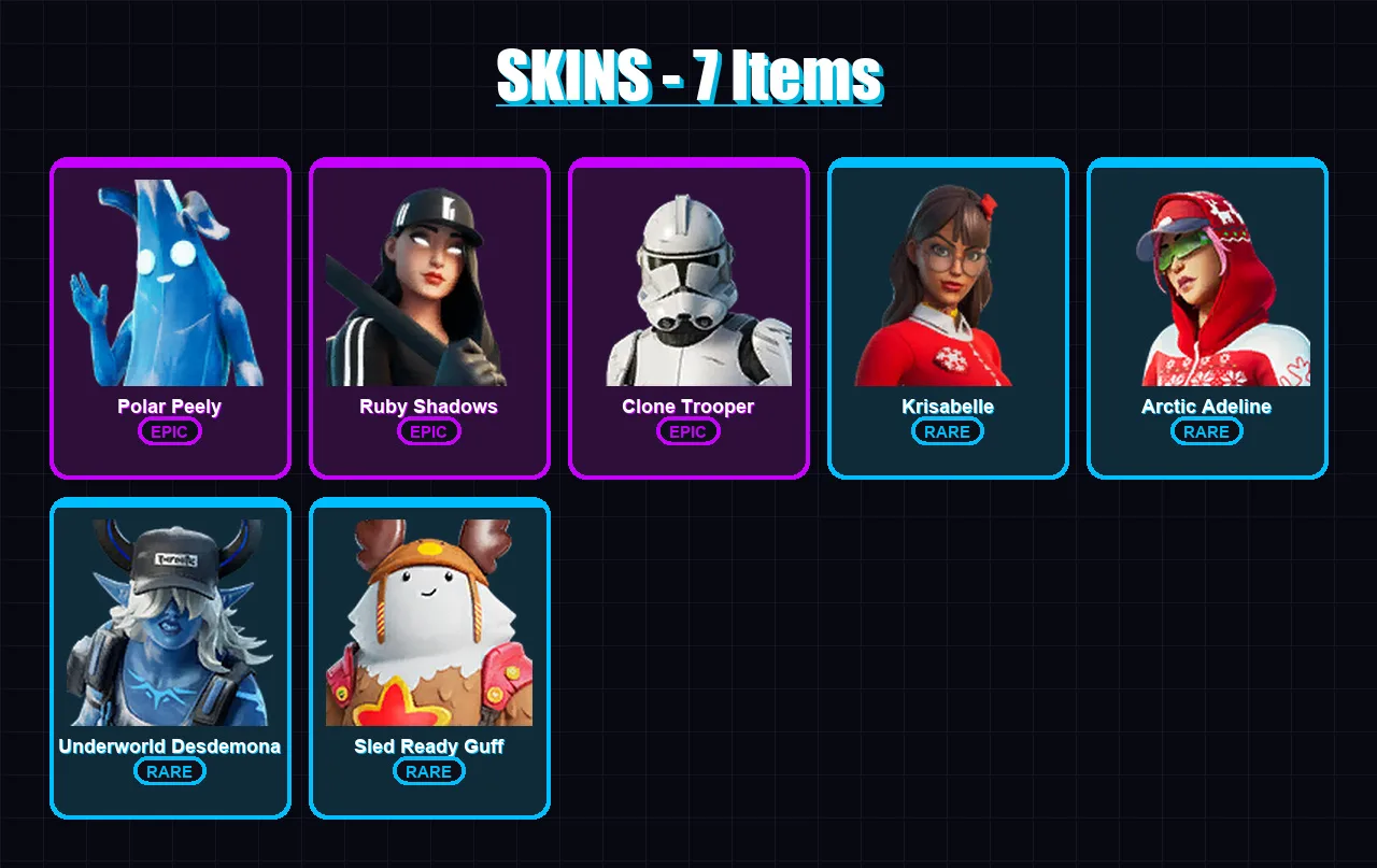 [PC/XBOX/PSN] | Polar Peely | Ruby Shadows | Clone Trooper | Krisabelle | Arctic Adeline | 7 skin | 31 pickaxe | 24 emote | 33 glider | Lv846
