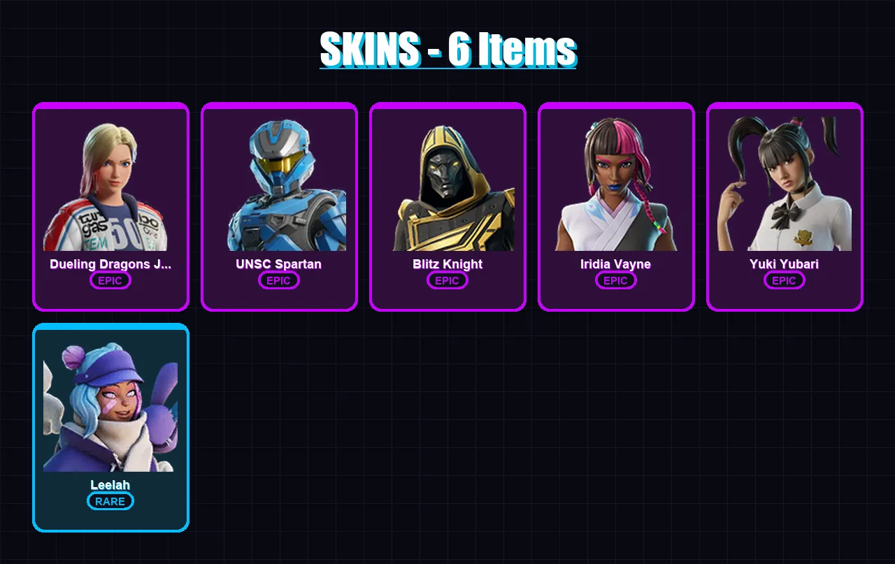 [PC] | Dueling Dragons Jackie | UNSC Spartan | Blitz Knight | Iridia Vayne | Yuki Yubari | 6 skin | 47 pickaxe | 20 emote | 27 glider | Lv470