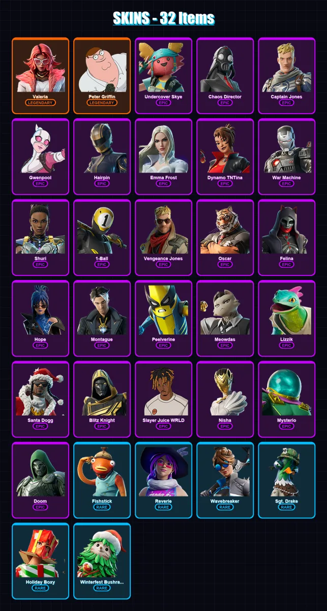 [PC/XBOX] | Valeria | Peter Griffin | Undercover Skye | Chaos Director | Captain Jones | 32 skin | 69 pickaxe | 45 emote | 43 glider | Lv606