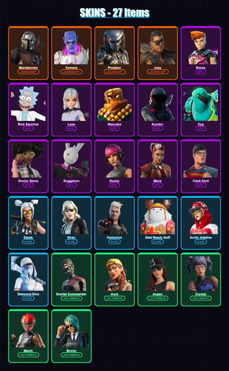 [PS4/PS5/XBOX/PC] | Mandalorian | Kymera | Predator | Joey | Reese | 27 skin | 29 pickaxe | 31 emote | 29 glider | Lv446