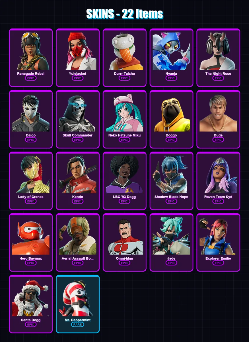 [PC/XBOX/PSN] | Renegade Rebel | Yulejacket | Durrr Taisho | Nyanja | The Night Rose | 22 skin | 49 pickaxe | 21 emote | 34 glider | Lv400