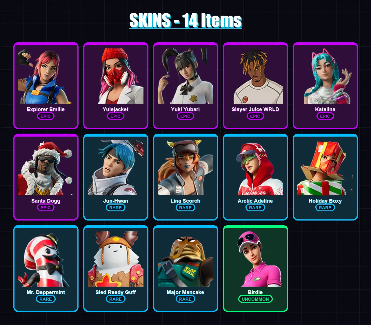 [PS4/PS5/XBOX/PC] | Explorer Emilie | Yulejacket | Yuki Yubari | Slayer Juice WRLD | Katalina | 14 skin | 40 pickaxe | 17 emote | 26 glider | Lv402