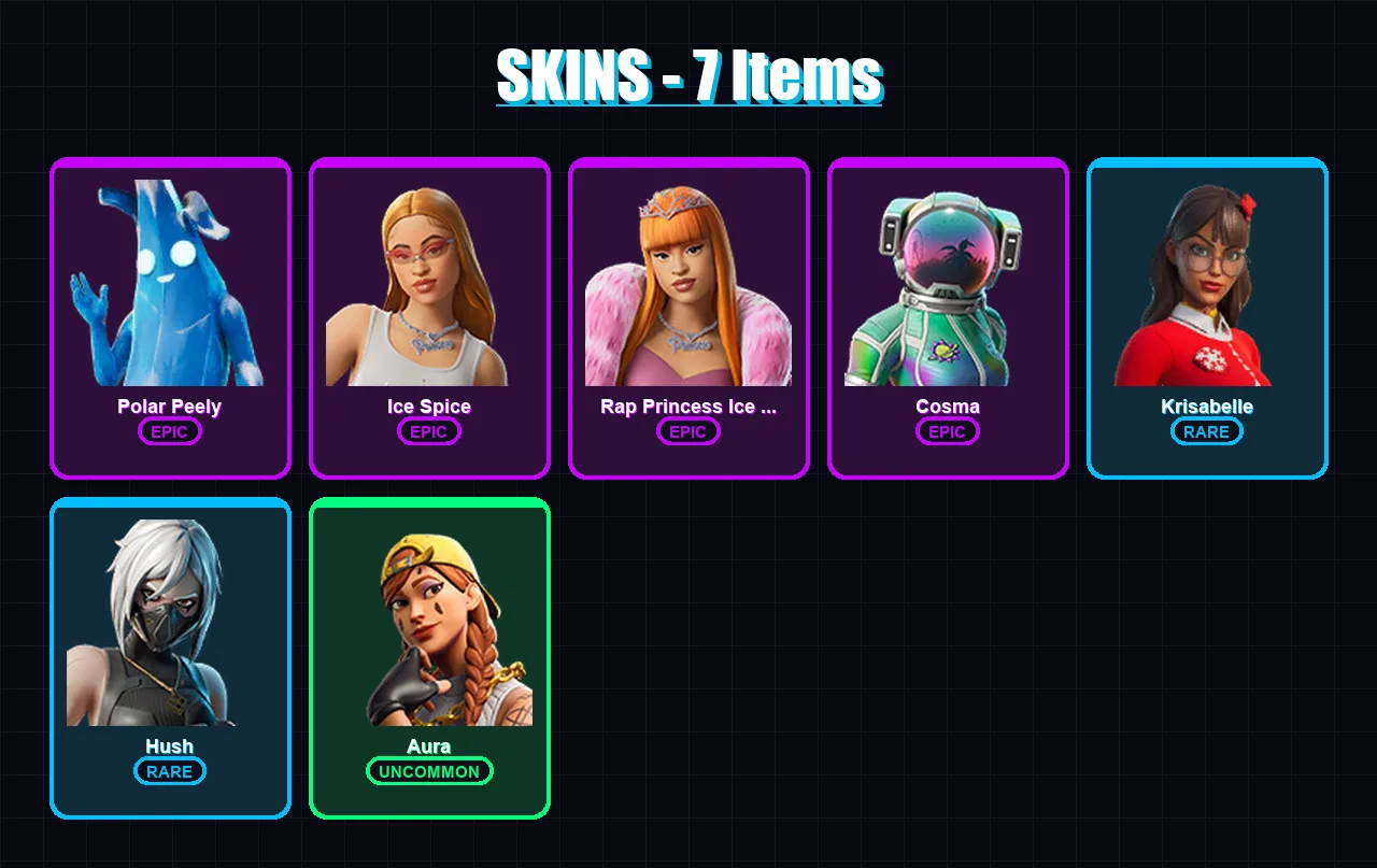 [SWITCH/XBOX/PSN/PC] | Polar Peely | Ice Spice | Rap Princess Ice Spice | Cosma | Krisabelle | 7 skin | 16 pickaxe | 16 emote | 13 glider | Lv150