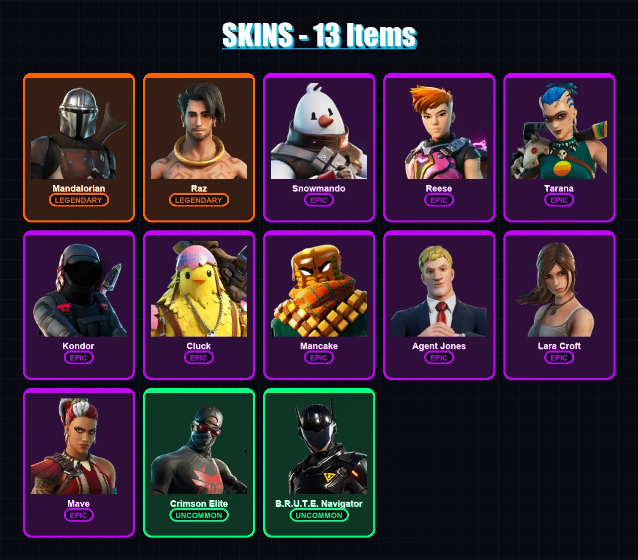 [PC/XBOX/PSN] | Mandalorian | Raz | Snowmando | Reese | Tarana | 13 skin | 21 pickaxe | 18 emote | 26 glider | Lv316