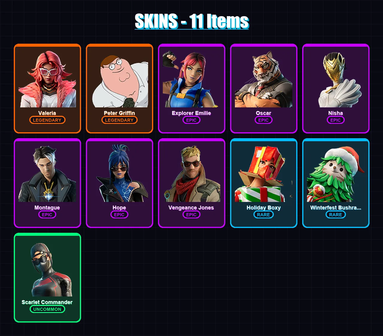 [PC/XBOX/PSN] | Valeria | Peter Griffin | Explorer Emilie | Oscar | Nisha | 11 skin | 12 pickaxe | 13 emote | 10 glider | Lv110