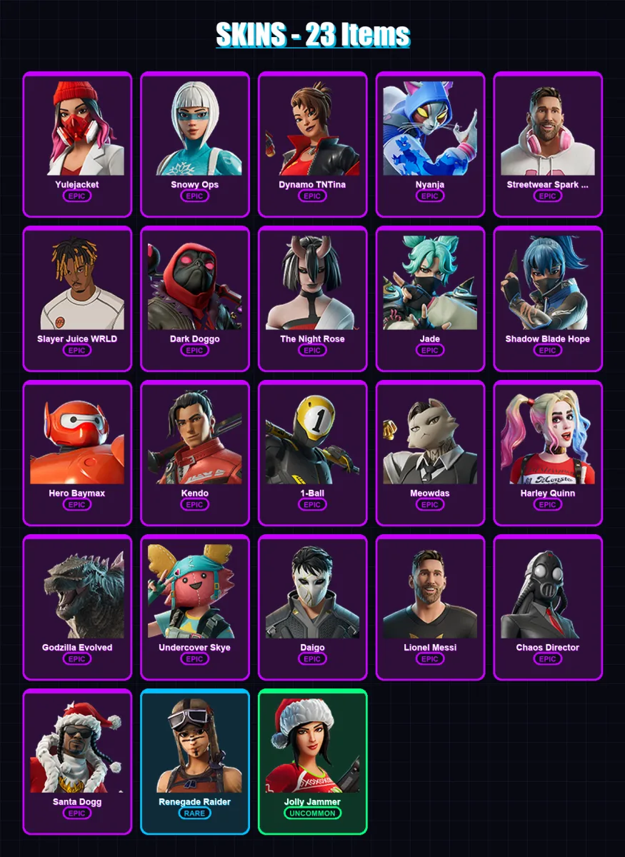 [PS4/PS5/XBOX/PC] | Yulejacket | Snowy Ops | Dynamo TNTina | Nyanja | Streetwear Spark Messi | 23 skin | 42 pickaxe | 26 emote | 19 glider | Lv508