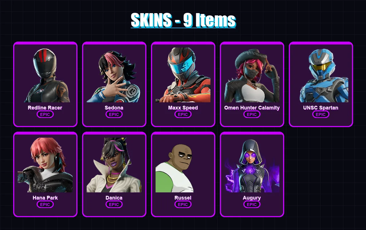 [PC/XBOX/PSN] | Redline Racer | Sedona | Maxx Speed | Omen Hunter Calamity | UNSC Spartan | 9 skin | 11 pickaxe | 4 emote | 5 glider | Lv35