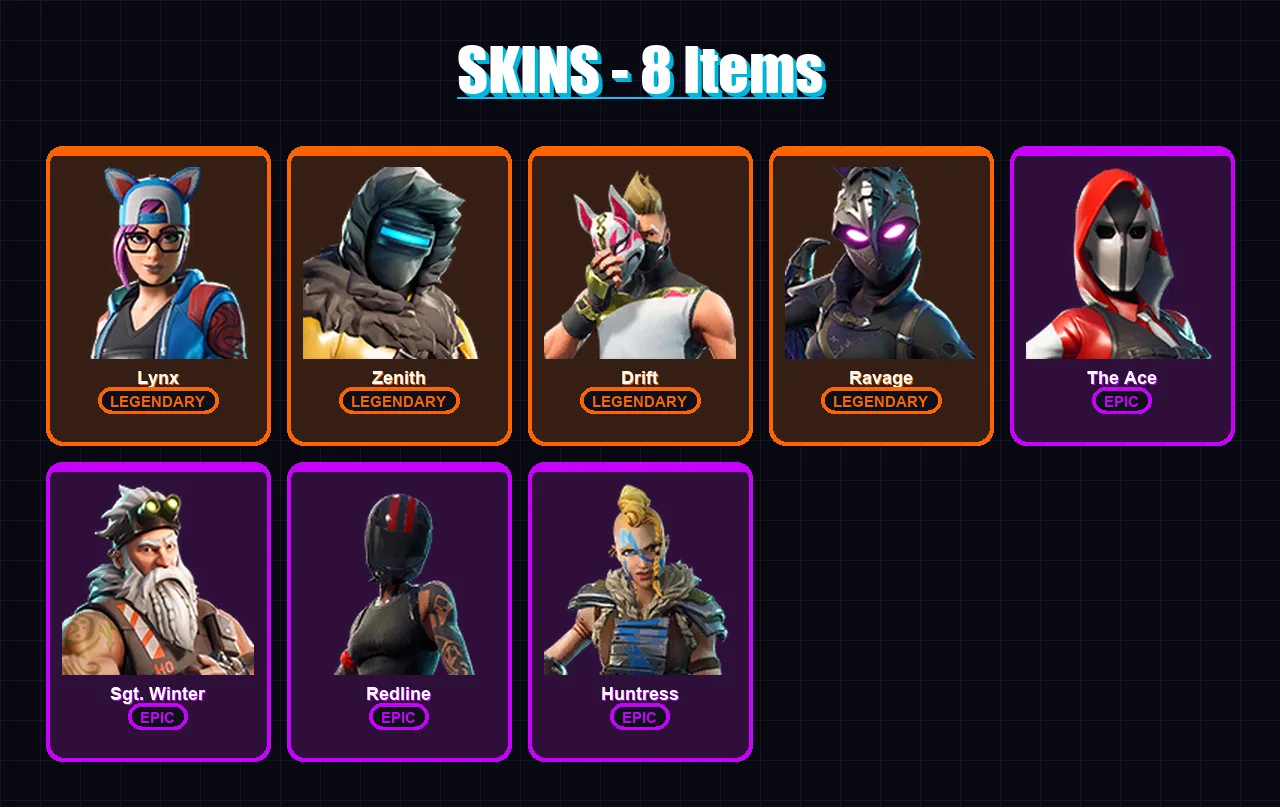 [PC/XBOX/PSN] | Lynx | Zenith | Drift | Ravage | The Ace | 8 skin | 11 pickaxe | 8 emote | 10 glider | Lv80