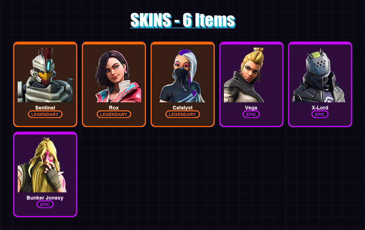 [PC/XBOX/PSN] | Sentinel | Rox | Catalyst | Vega | X-Lord | 6 skin | 4 pickaxe | 8 emote | 8 glider | Lv97
