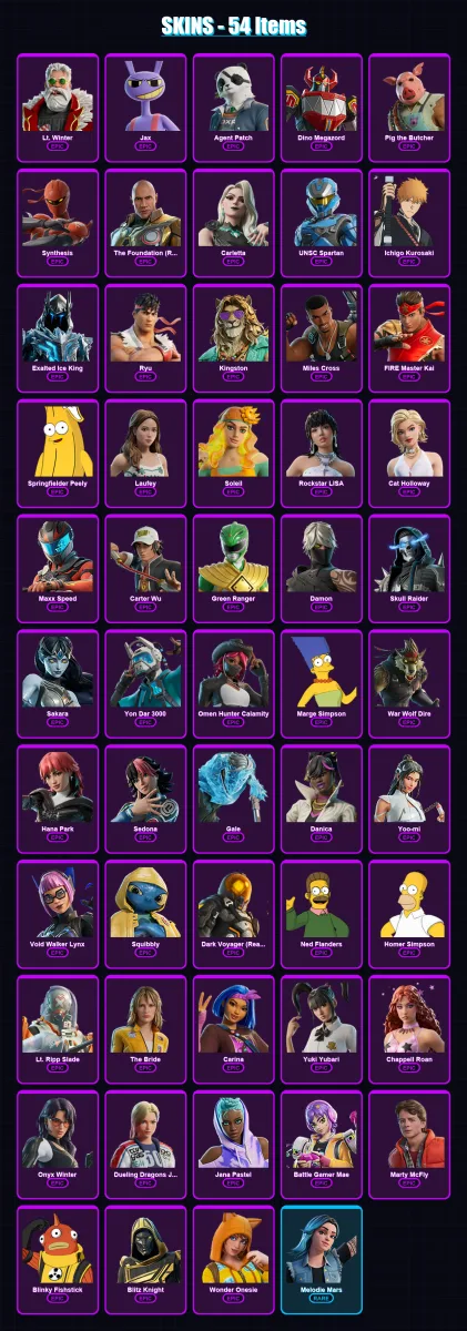 [PC/XBOX/PSN] | Lt. Winter | Jax | Agent Patch | Dino Megazord | Pig the Butcher | 54 skin | 76 pickaxe | 46 emote | 41 glider | Lv413