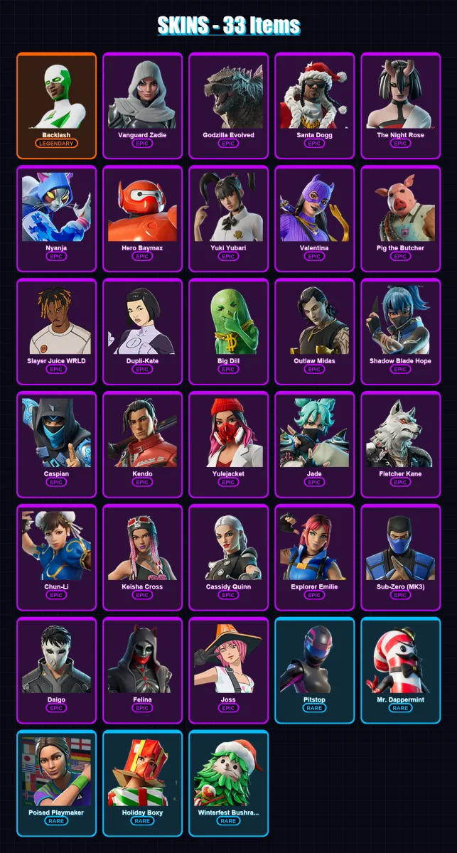 [PC/XBOX/PSN] | Backlash | Vanguard Zadie | Godzilla Evolved | Santa Dogg | The Night Rose | 33 skin | 65 pickaxe | 36 emote | 45 glider | Lv768 — Fortnite account
