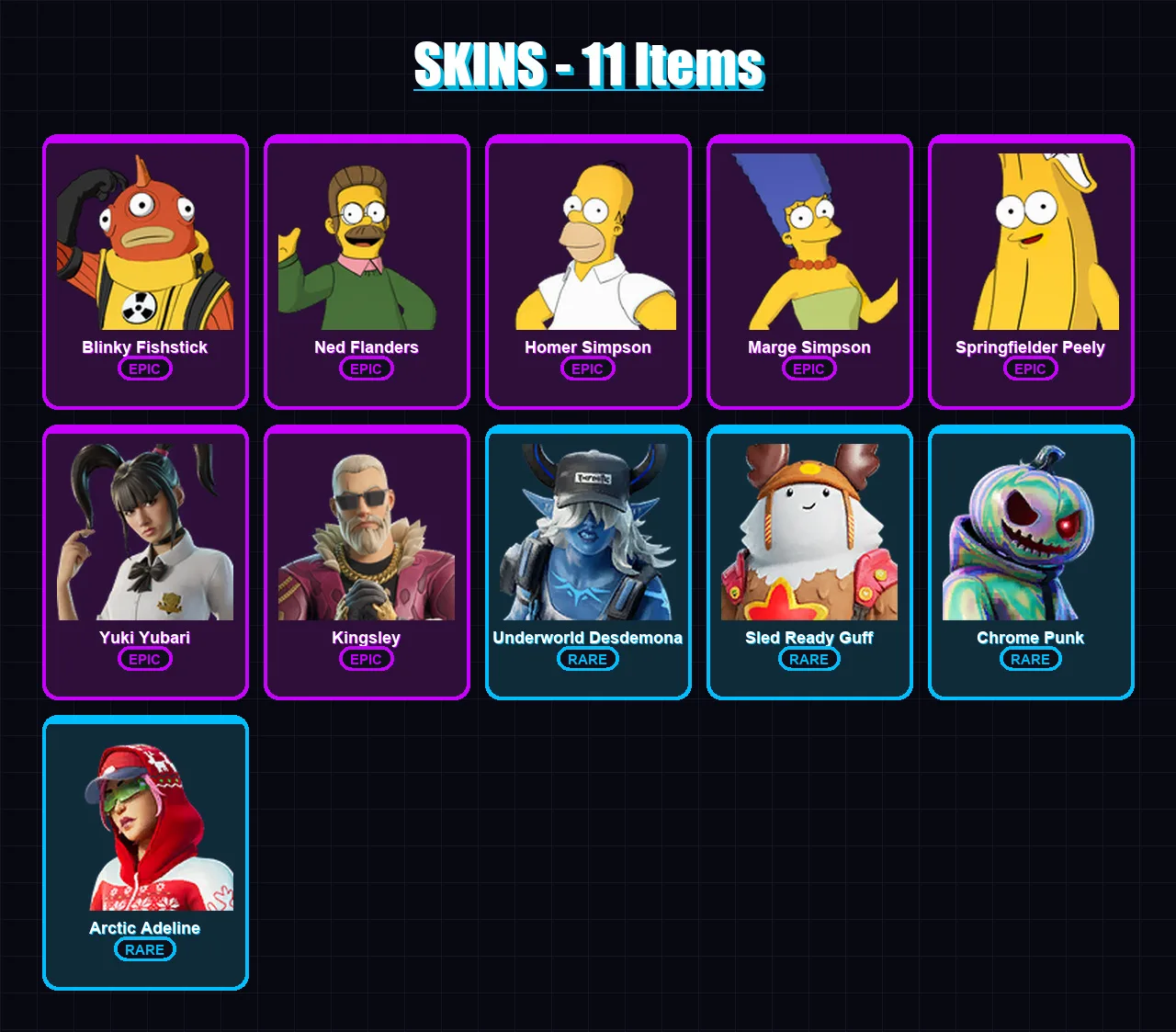 [PC] | Blinky Fishstick | Ned Flanders | Homer Simpson | Marge Simpson | Springfielder Peely | 11 skin | 38 pickaxe | 16 emote | 35 glider | Lv529