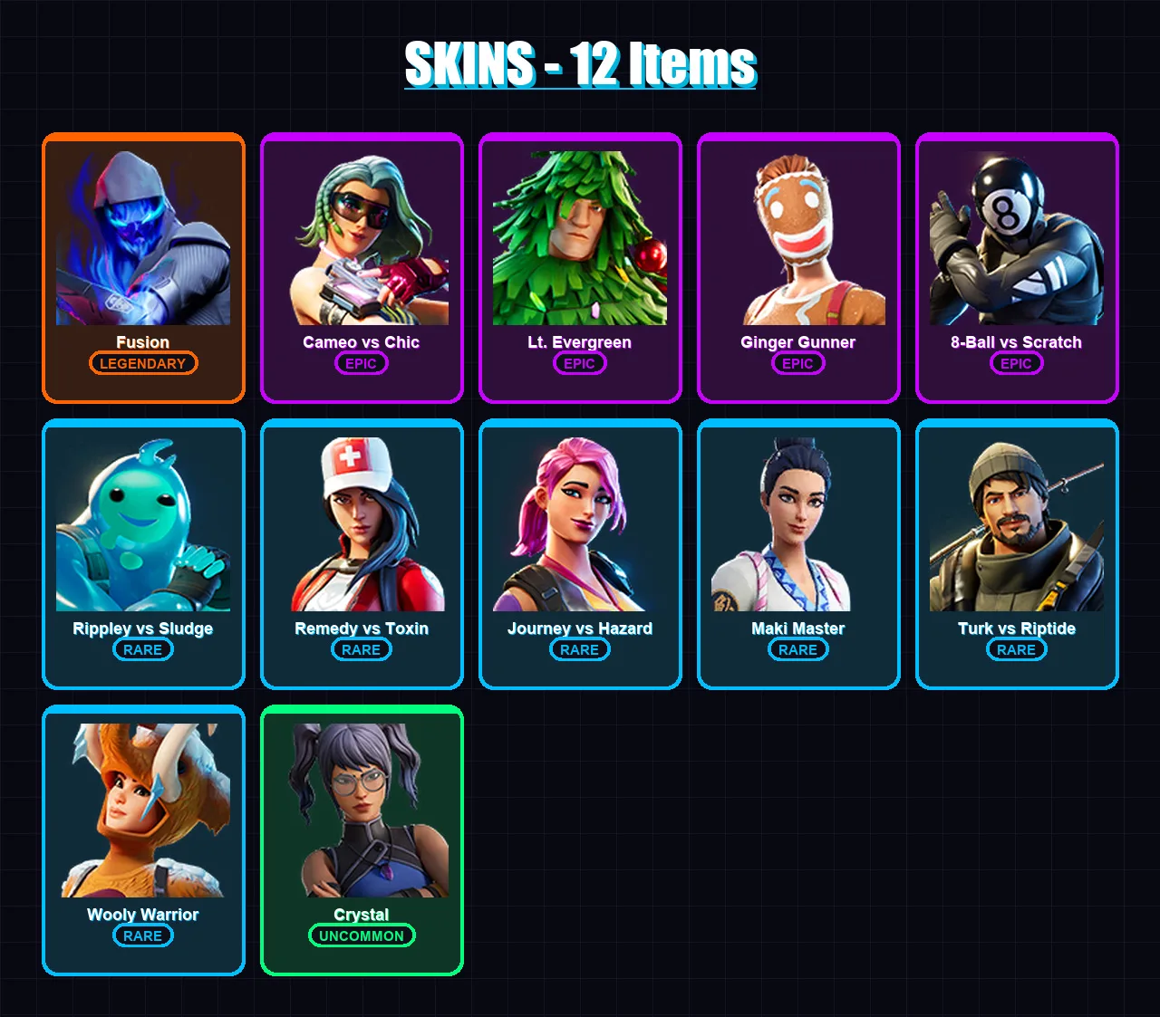 [PC/XBOX/PSN] | Fusion | Cameo vs Chic | Lt. Evergreen | Ginger Gunner | 8-Ball vs Scratch | 12 skin | 13 pickaxe | 13 emote | 12 glider | Lv200