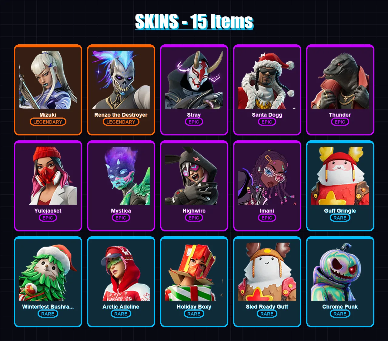 [PS4/PS5/XBOX/PC] | Mizuki | Renzo the Destroyer | Stray | Santa Dogg | Thunder | 15 skin | 32 pickaxe | 17 emote | 32 glider | Lv561 — Fortnite account