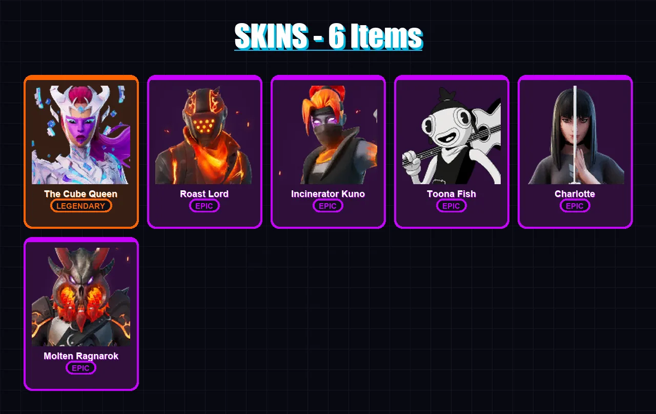 [PC/XBOX/PSN] | The Cube Queen | Roast Lord | Incinerator Kuno | Toona Fish | Charlotte | 6 skin | 2 pickaxe | 1 emote | 4 glider | Lv31