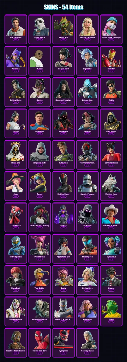[PC/XBOX/PSN] | Poe Dameron | Agent Patch | Mecha R3X | Sabrina Carpenter | Street Wave Teknique | 54 skin | 60 pickaxe | 44 emote | 34 glider | Lv4 — Fortnite account