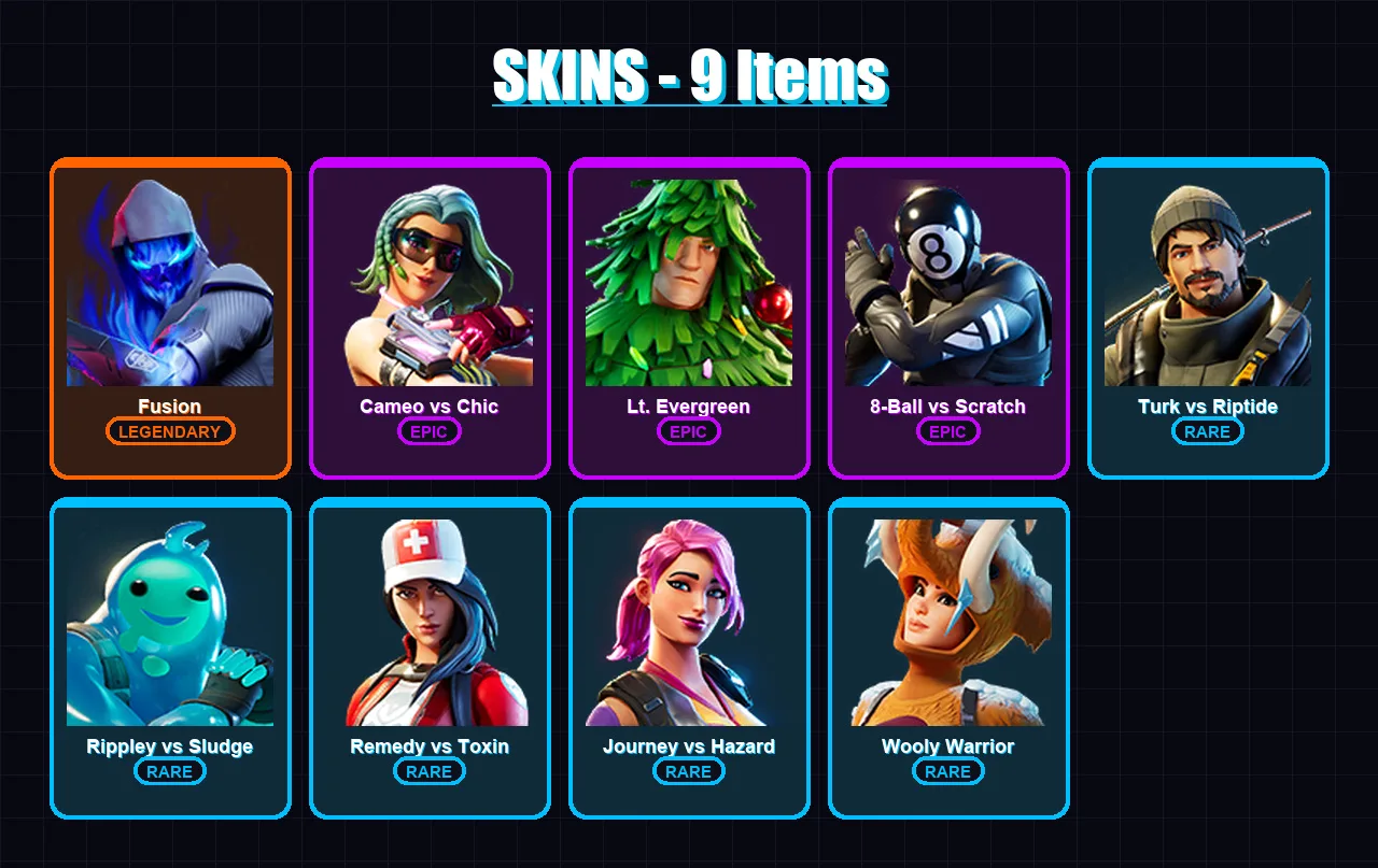 [PC/XBOX/PSN] | Fusion | Cameo vs Chic | Lt. Evergreen | 8-Ball vs Scratch | Turk vs Riptide | 9 skin | 18 pickaxe | 23 emote | 21 glider | Lv408 — Game account