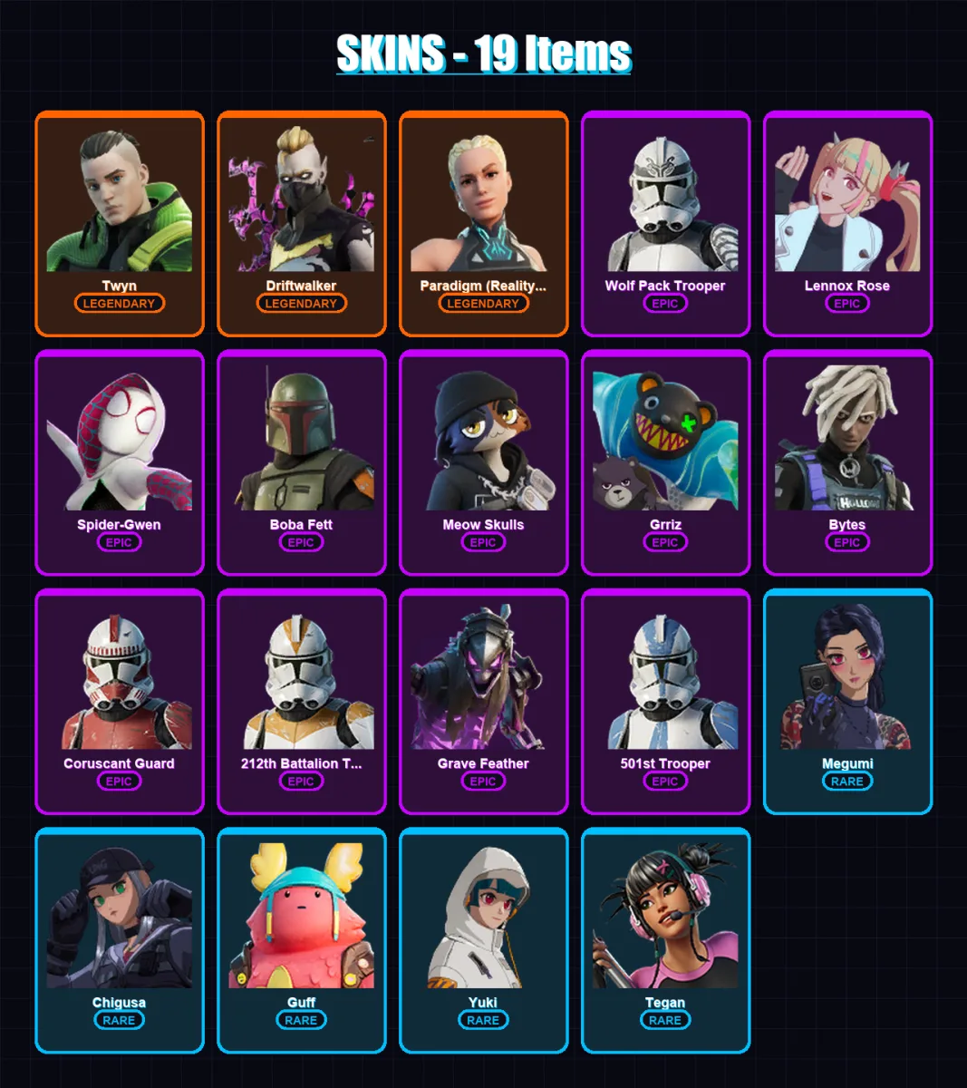 [SWITCH/XBOX/PC] | Twyn | Driftwalker | Paradigm (Reality-659) | Wolf Pack Trooper | Lennox Rose | 19 skin | 19 pickaxe | 8 emote | 19 glider | Lv15