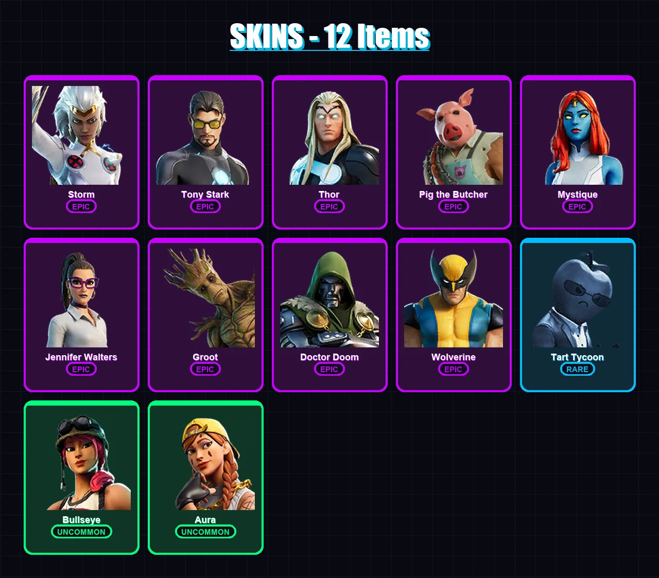 [PC/XBOX] | Storm | Tony Stark | Thor | Pig the Butcher | Mystique | 12 skin | 38 pickaxe | 22 emote | 32 glider | Lv471