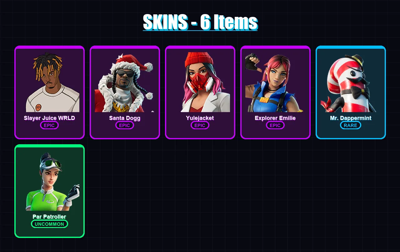 [PC/XBOX] | Slayer Juice WRLD | Santa Dogg | Yulejacket | Explorer Emilie | Mr. Dappermint | 6 skin | 23 pickaxe | 13 emote | 15 glider | Lv309