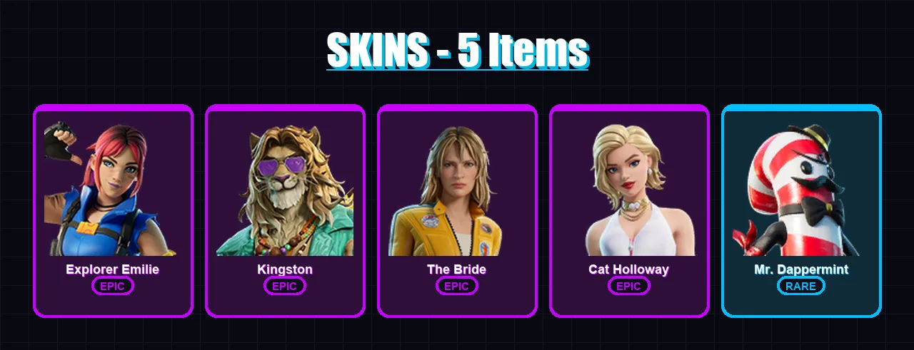 [PC/PSN] | Explorer Emilie | Kingston | The Bride | Cat Holloway | Mr. Dappermint | 5 skin | 6 pickaxe | 8 emote | 7 glider | Lv59