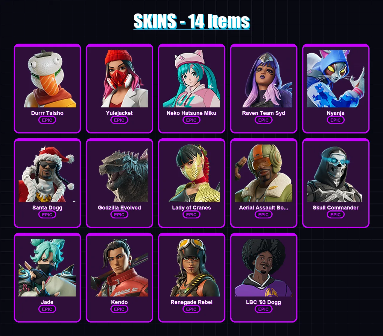 [PC/XBOX/PSN] | Durrr Taisho | Yulejacket | Neko Hatsune Miku | Raven Team Syd | Nyanja | 14 skin | 26 pickaxe | 16 emote | 16 glider | Lv115 — Fortnite account