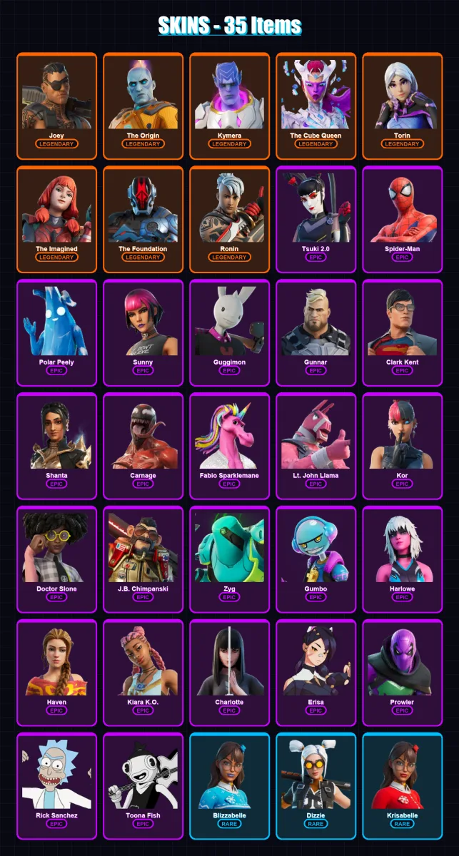 [PC/XBOX/PSN] | Joey | The Origin | Kymera | The Cube Queen | Torin | 35 skin | 38 pickaxe | 31 emote | 39 glider | Lv563