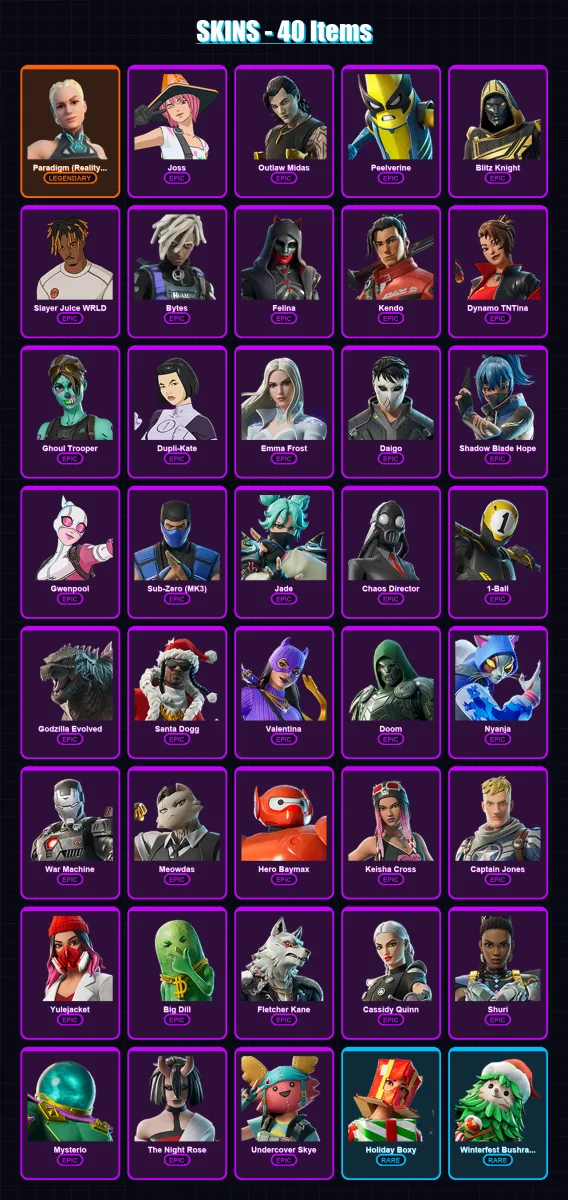 [PC/PSN] | Paradigm (Reality-659) | Joss | Outlaw Midas | Peelverine | Blitz Knight | 40 skin | 66 pickaxe | 42 emote | 49 glider | Lv570