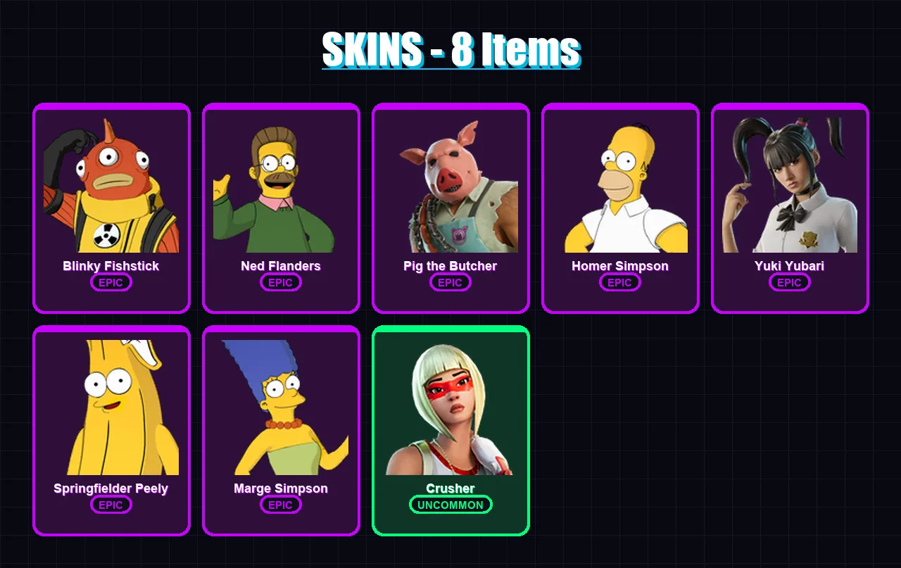 [PC/PSN] | Blinky Fishstick | Ned Flanders | Pig the Butcher | Homer Simpson | Yuki Yubari | 8 skin | 29 pickaxe | 16 emote | 24 glider | Lv287